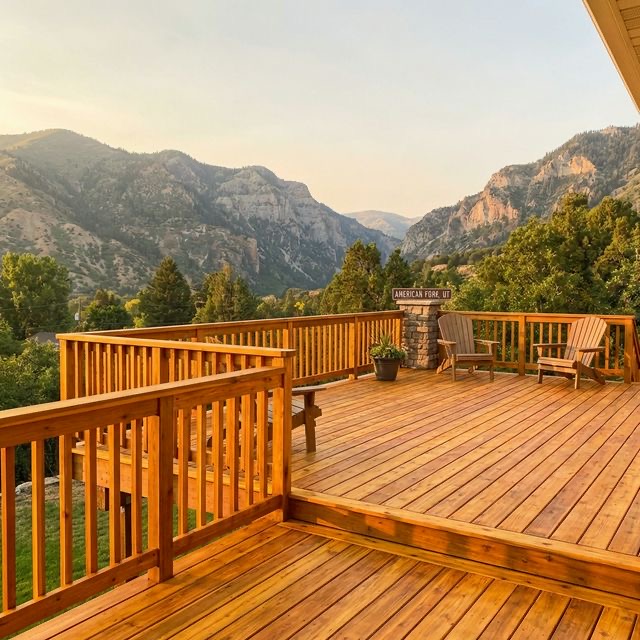 Beautifully resurfaced deck in American Fork Utah with canyon mountain backdrop