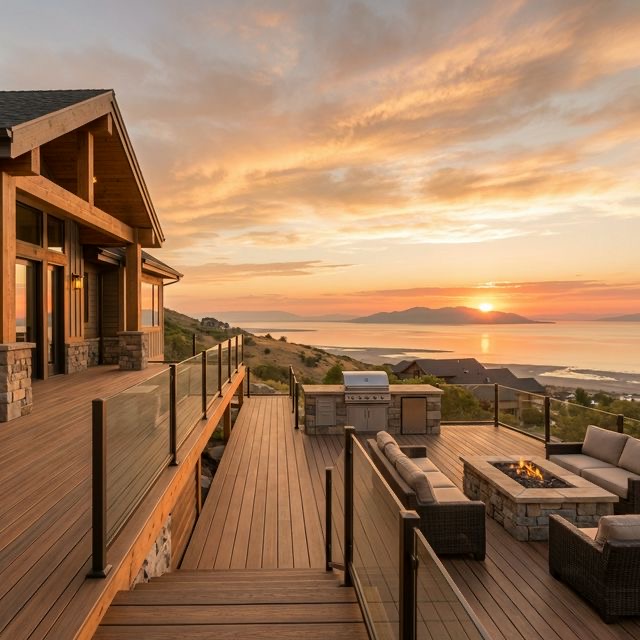 Deck on Bountiful bench hillside with Salt Lake Valley panoramic view