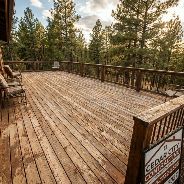Deck in Cedar City Utah high-elevation neighborhood with pine forest backdrop