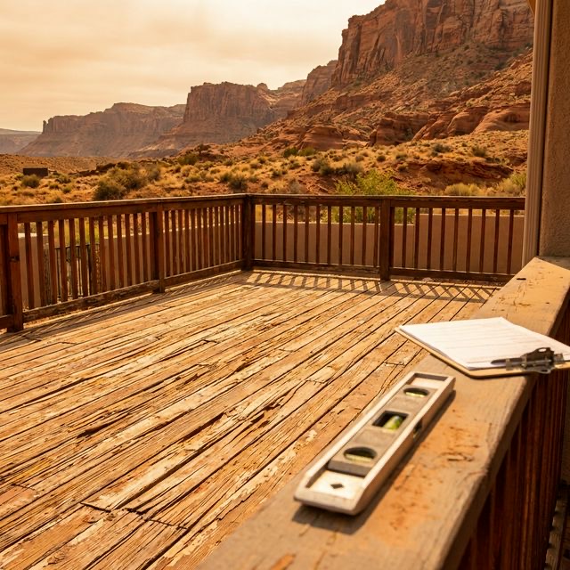 Deck overlooking red rock landscape in St. George Utah in desert heat