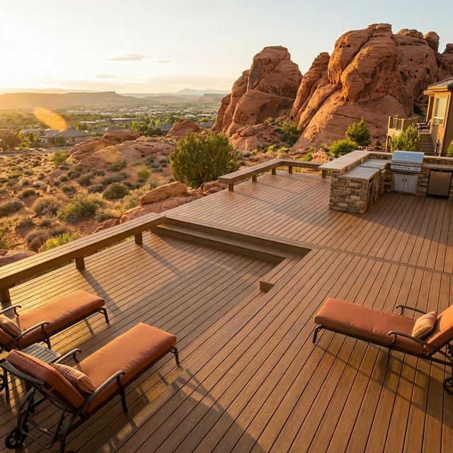 Beautifully resurfaced deck in St. George Utah with red rock canyon backdrop