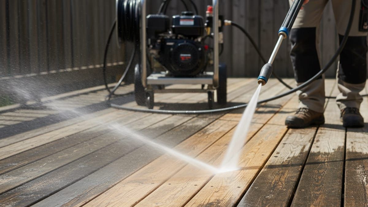 Professional power washing deck surface preparation