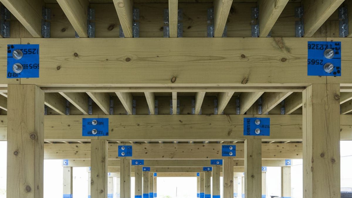 Underneath deck view showing new support posts and joist installation